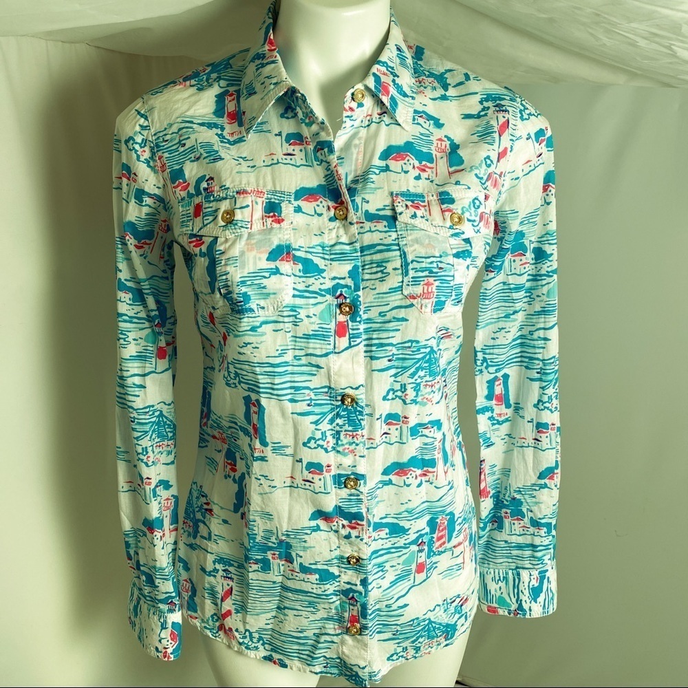 Lilly Pulitzer Cruiser Camp Watch Out Lighthouse multicolor blue white